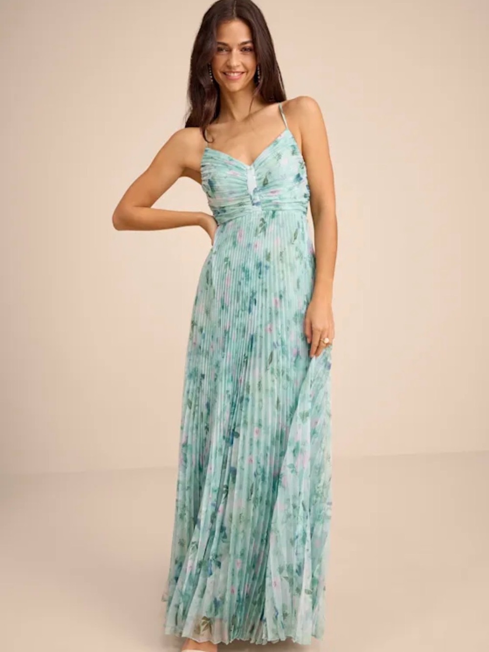 NWT Lulu's Mint Floral Pleated Spaghetti-Strap Maxi Dress XL